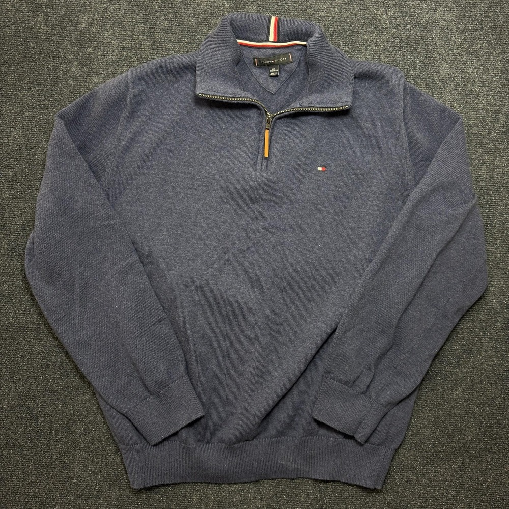 Tommy Hilfiger Sweater Mens 2XL Blue 1/4 Zip Mock Neck Knit Pullover Logo